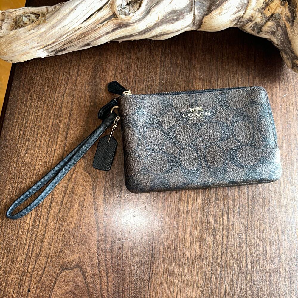COACH Women’s Double Zip Wallet Wristlet Brown w/ Gold Hardware